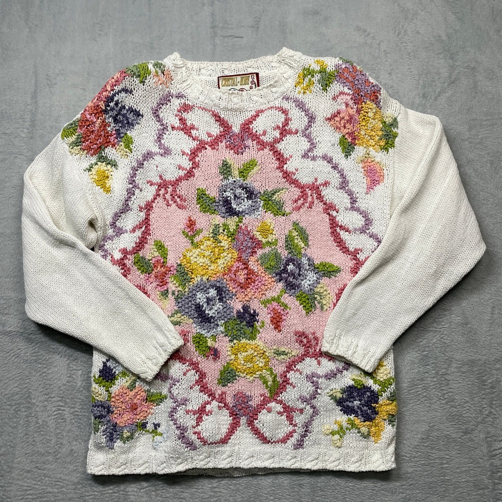 Crystal-Kobe Floral Knit Sweater Women Large White Pink Embroidered Vintage L